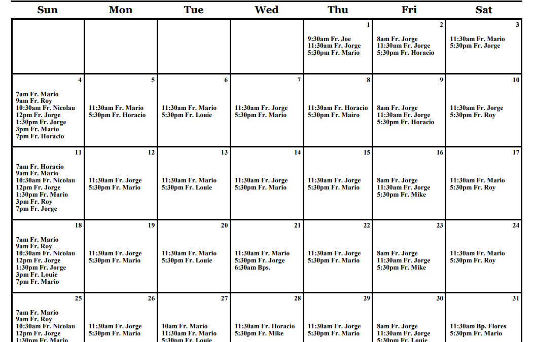 January 2026 Mass Schedule